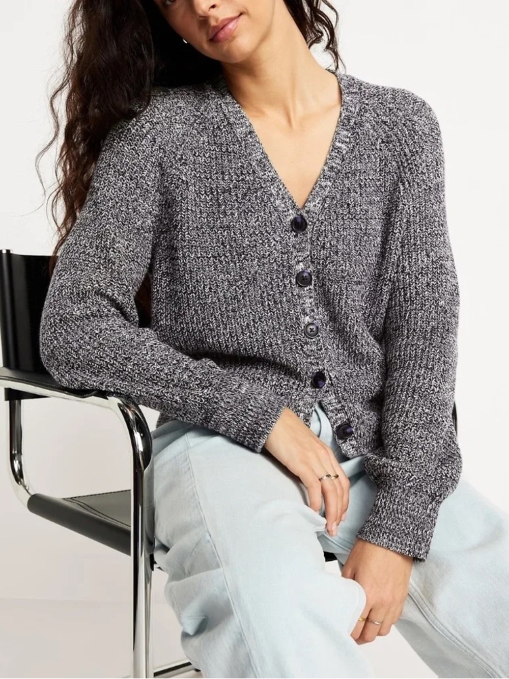 Old Navy Grey Marled V-Neck Button Front Women's Sweater Staple Layer L